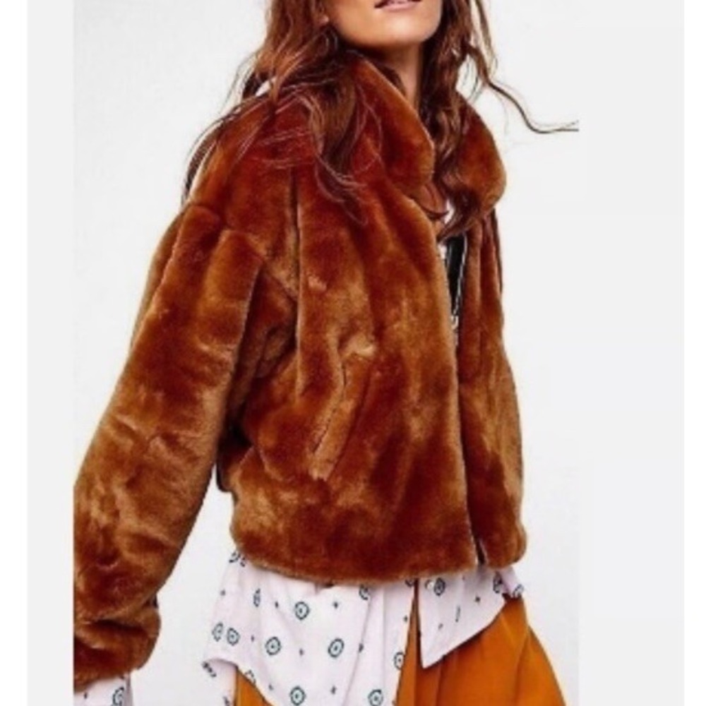 Free People‎ Furry Bomber Jacket Terracotta Faux Fur Zip Up Collared Coat Small